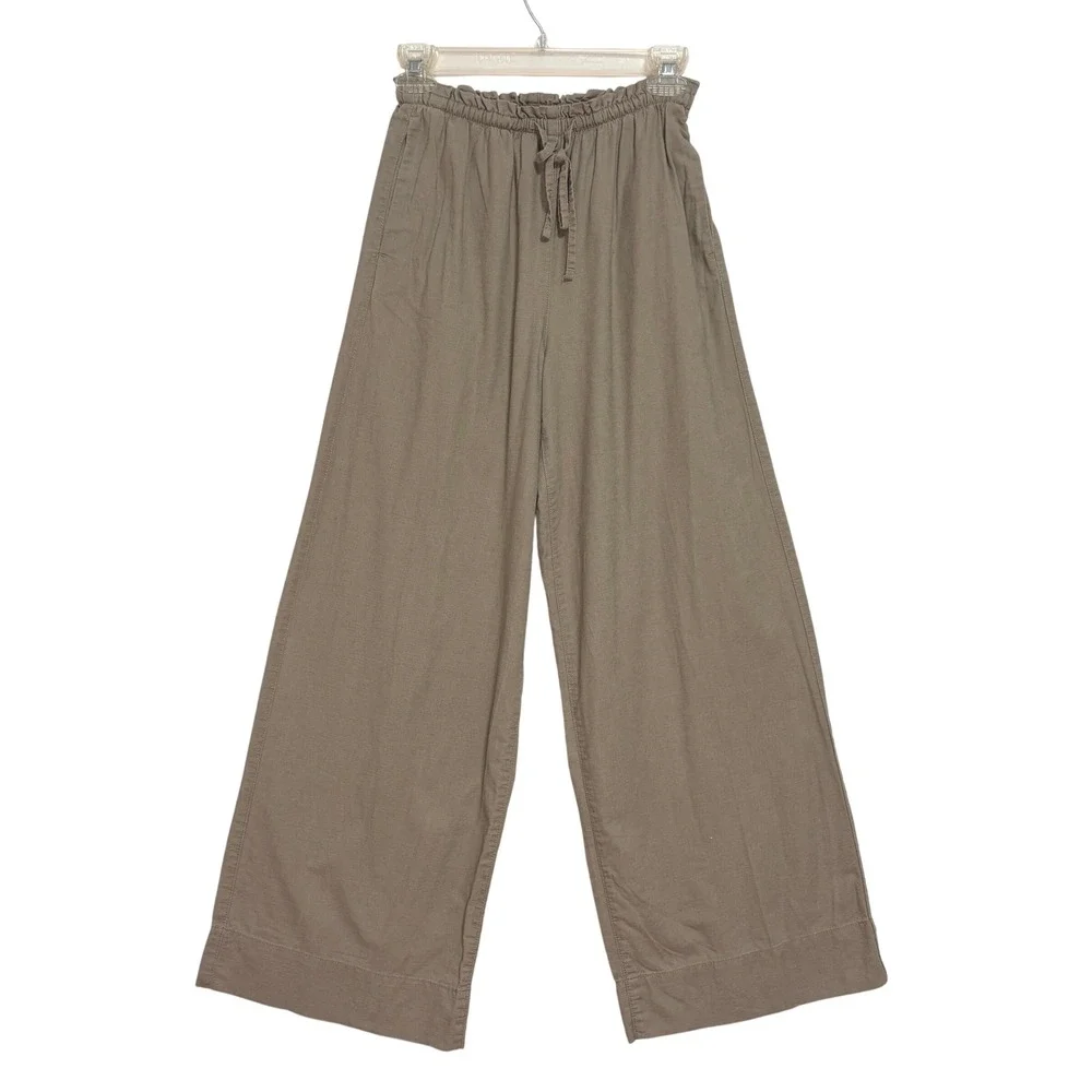 H&M Wide Leg Pants Women XS Taupe Linen Blend Paperbag Waist Casual Boho Coastal